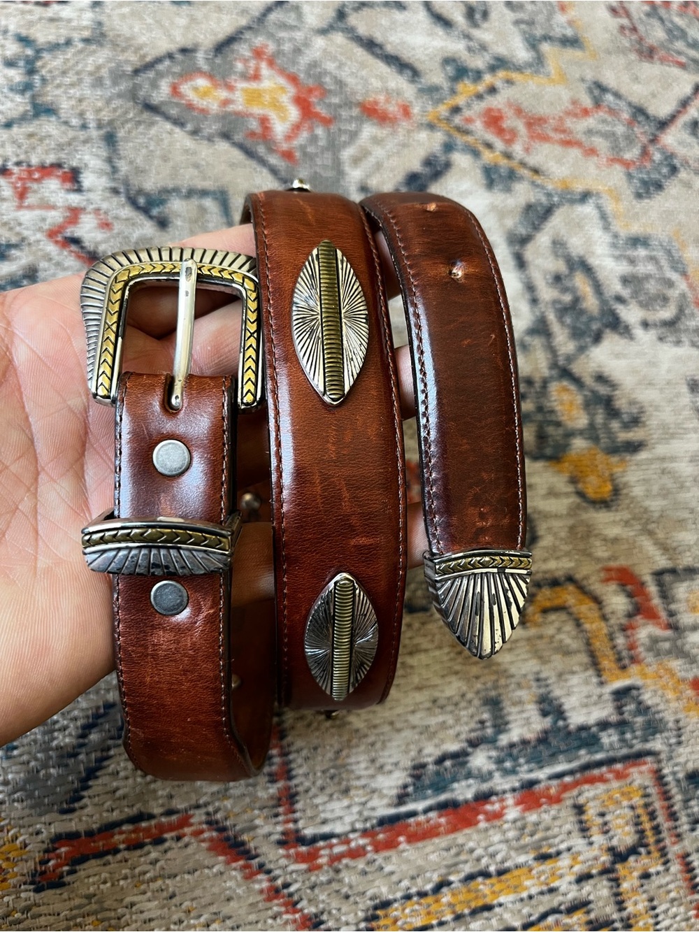 Billy Belts California Brown Leather Concho Western Belt with Metal Accents 36